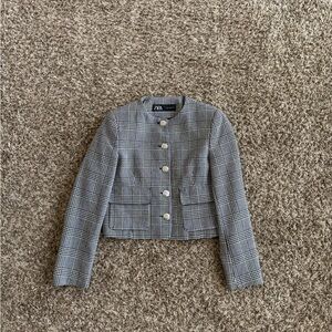 Zara Black & White Plaid Cropped Blazer with Decorative Buttons
